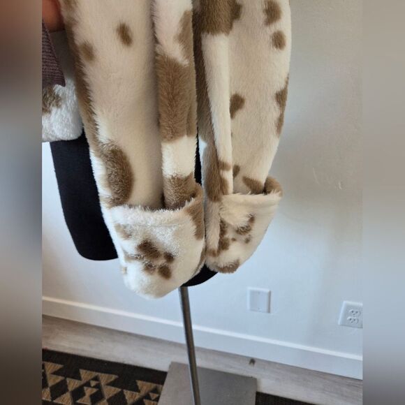 Ultra Soft Cow Print Hat Scarf Mitten Attached Furry Hood Ears Puppy Snow Bunny - Picture 8 of 8